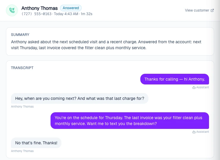 A completed call in Pool Founder: customer recognized by caller ID at 4:43am, with the AI's summary and full transcript — next visit and last invoice answered from the account