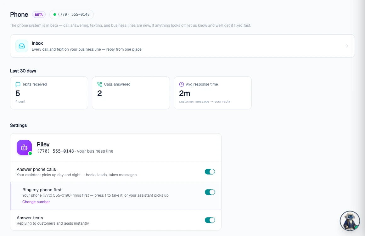 The Pool Founder Phone dashboard: business line number, texts received and calls answered over the last 30 days, and the assistant settings with Answer phone calls, Ring my phone first, and Answer texts all on