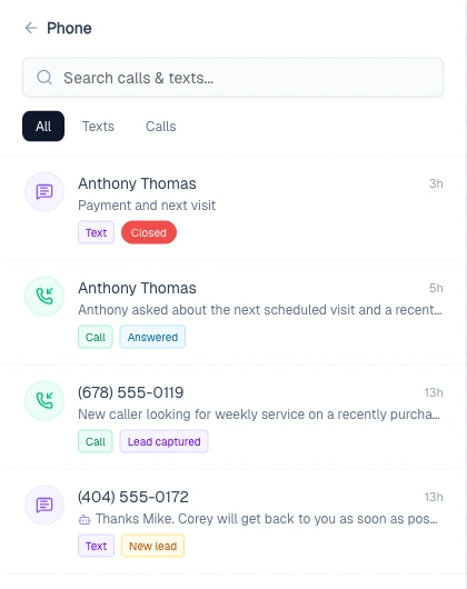 The Pool Founder phone inbox: texts and calls in one feed, tagged Closed, Answered, Lead captured, and New lead