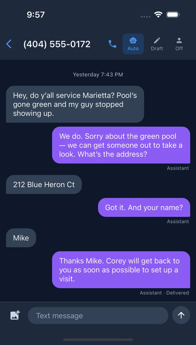 A lead's text thread in the Pool Founder mobile app: green pool inquiry at 7:43pm, the assistant captures the address and name, and promises Corey will follow up