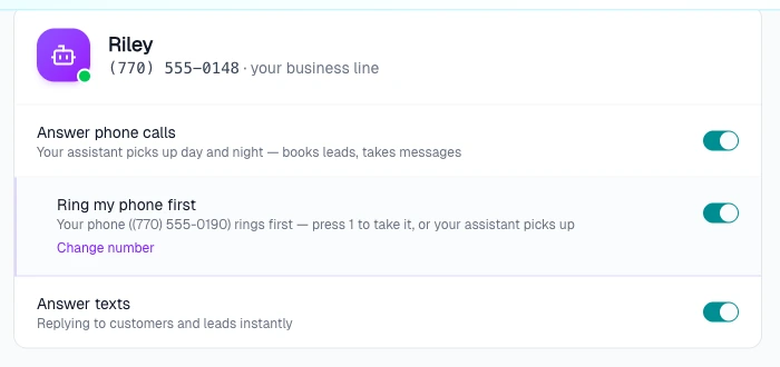 The assistant's settings in Pool Founder: Answer phone calls, Ring my phone first, and Answer texts — three switches, all yours