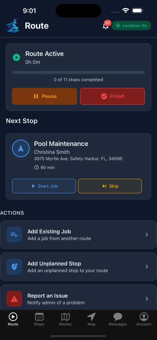 Technician app showing the active route and next stop