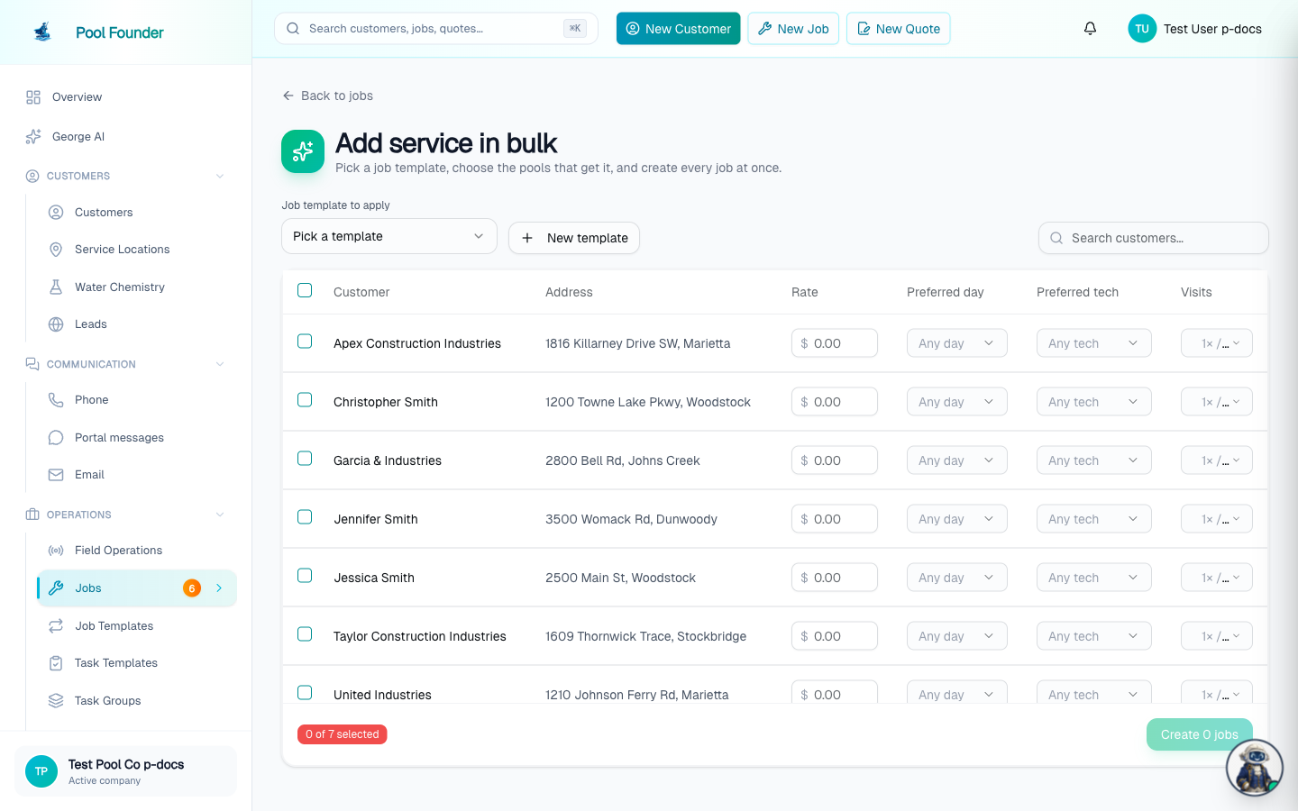 The Add Service in Bulk screen, with a job template selected and a checklist of service locations with per-row overrides