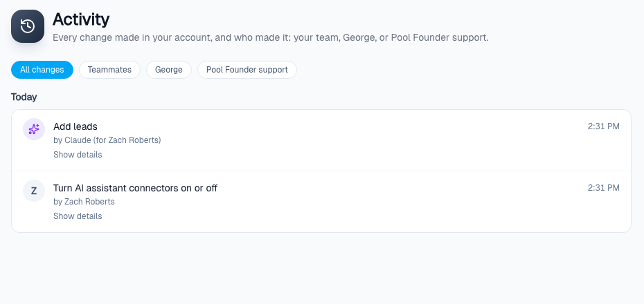 The Activity page showing a change made by Claude for Zach Roberts, with an AI icon, above the person turning on AI assistants and Allow changes