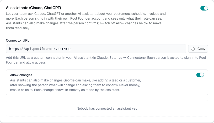 The AI assistants (Claude, ChatGPT) card on Settings → API, switched on, showing the connector URL https://api.poolfounder.com/mcp with a Copy button
