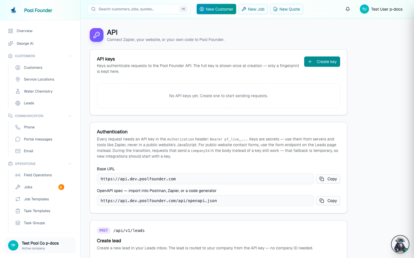 The API page with the API keys manager and endpoint documentation, including authentication details and examples
