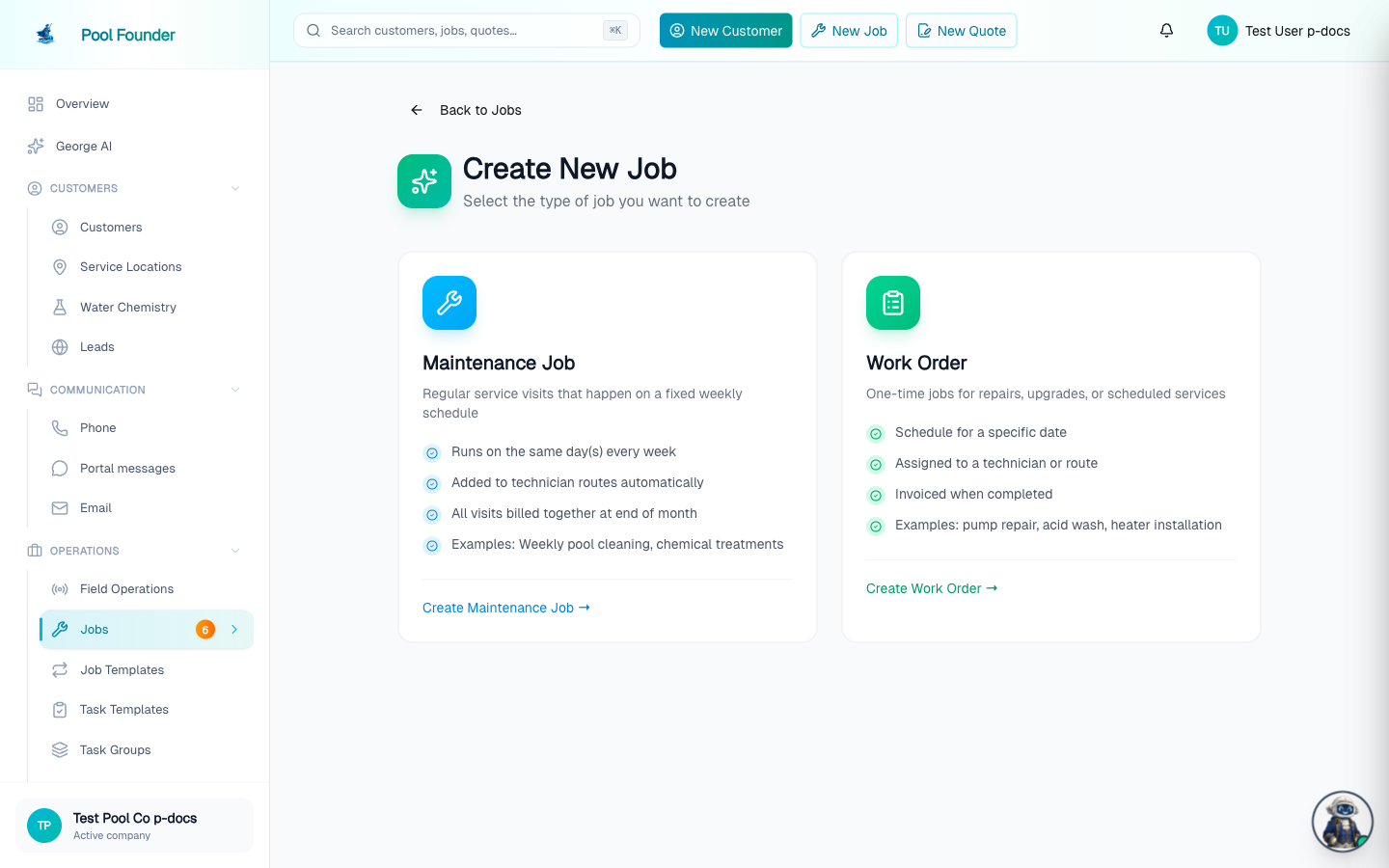 The Create Job form, with the Maintenance Job / Work Order toggle, customer and service location pickers, and rate fields