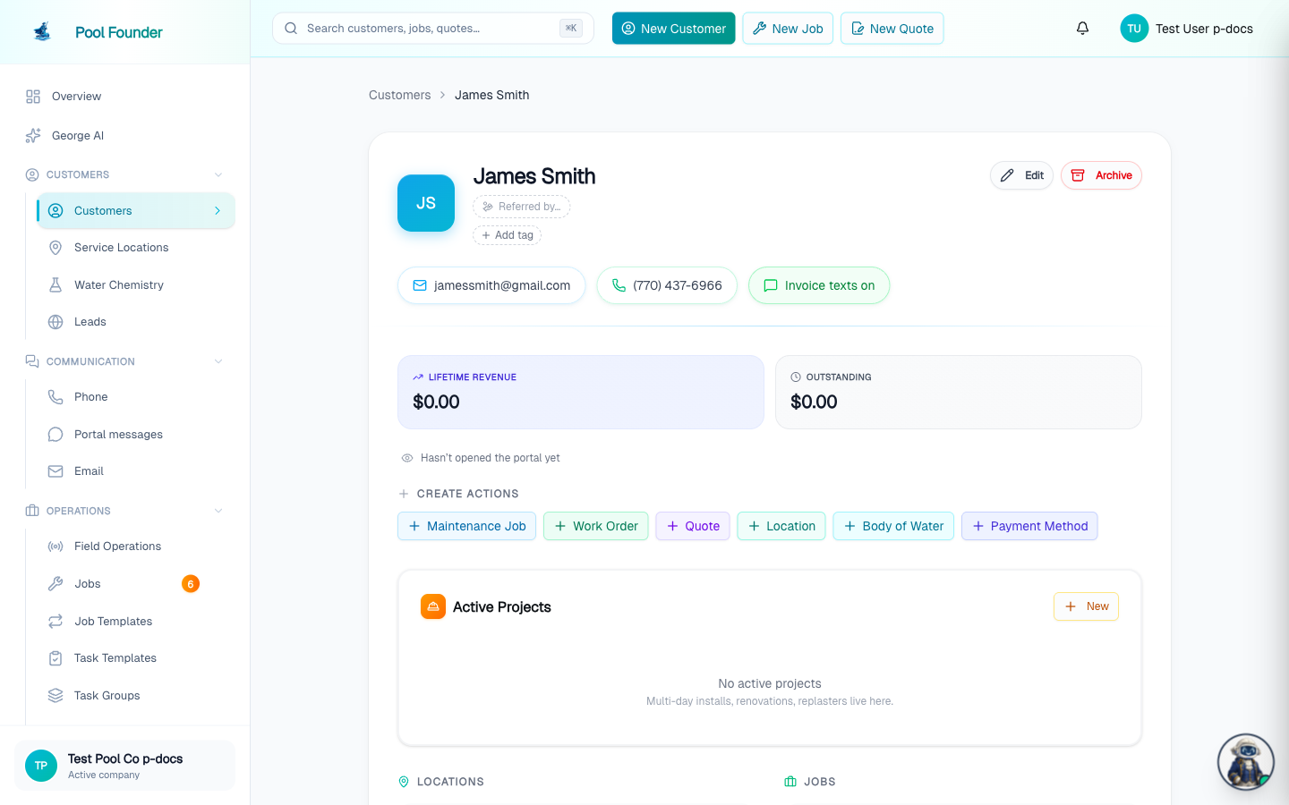 A customer's page showing their contact info alongside cards for locations, jobs, invoices, and payment methods