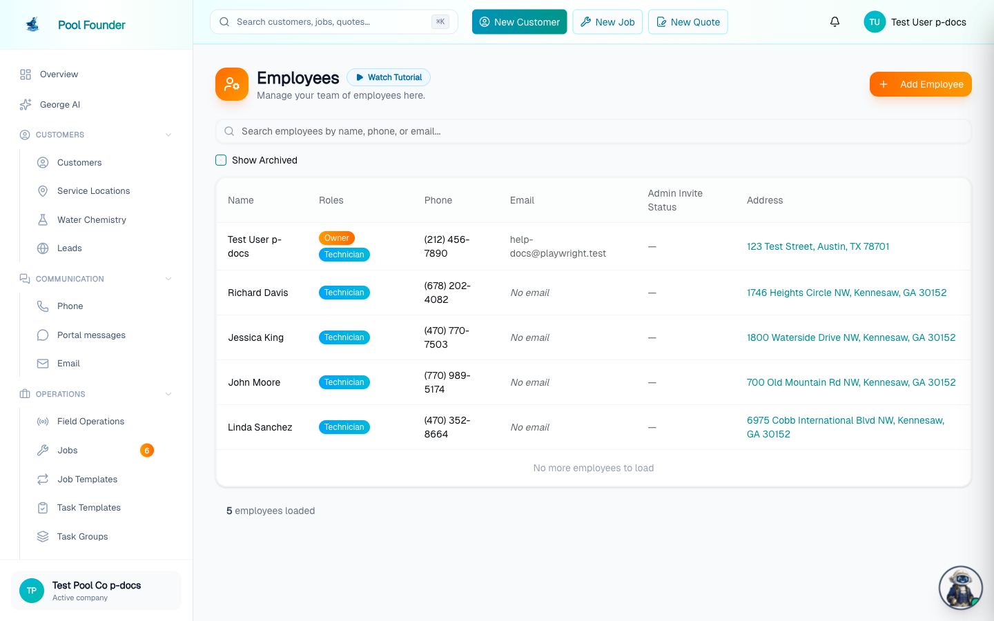 The Employees page listing team members with their roles and schedules, plus an Add Employee button