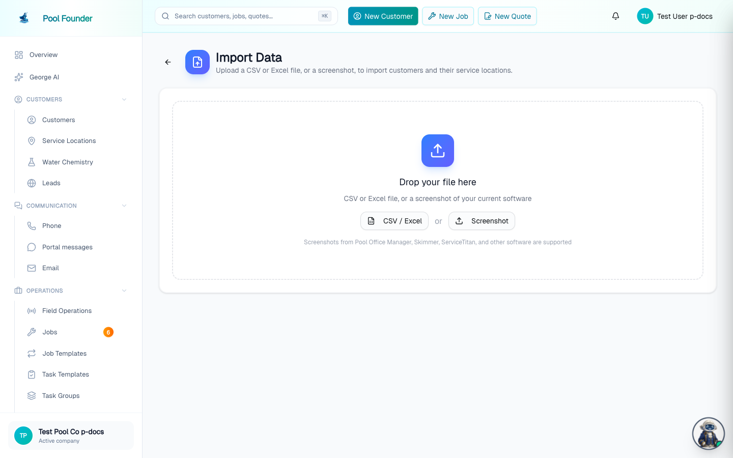 The Import Wizard upload step, where you drop in a CSV, Excel file, or screenshot of your old software