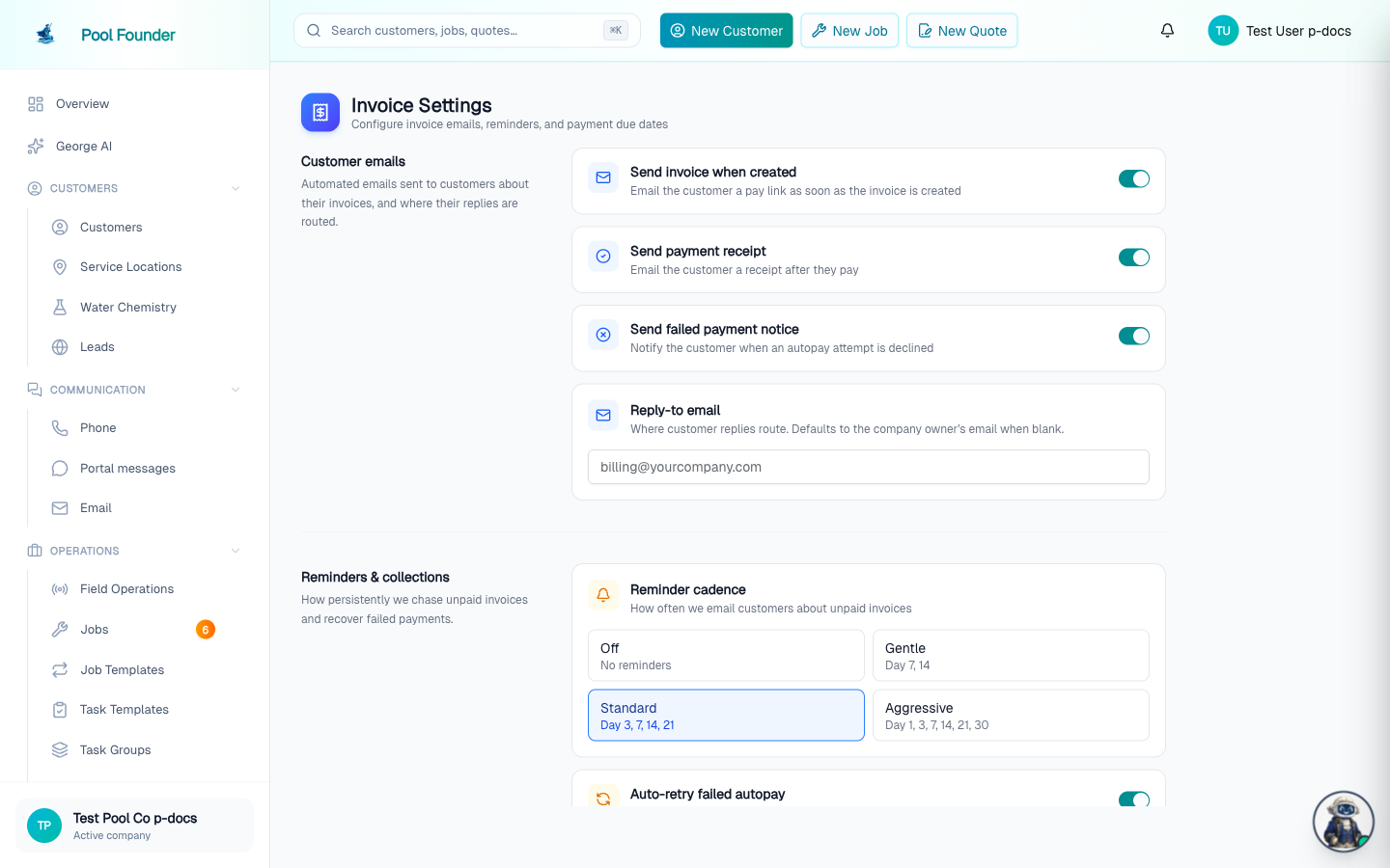 The Invoice Settings page with company-wide settings for customer emails, reminders, payment terms, and the invoice footer