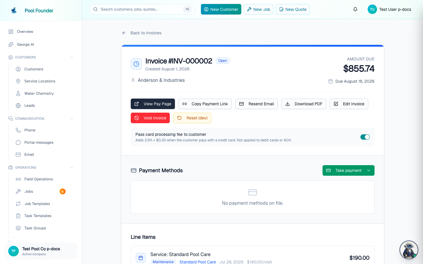 An invoice detail page with its line items and action buttons like Take payment, Edit Invoice, and Copy Payment Link