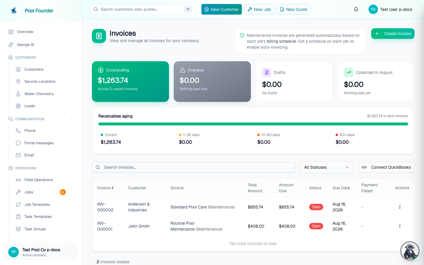The Invoices page listing invoices with status, amount, and customer columns, plus a Create Invoice button