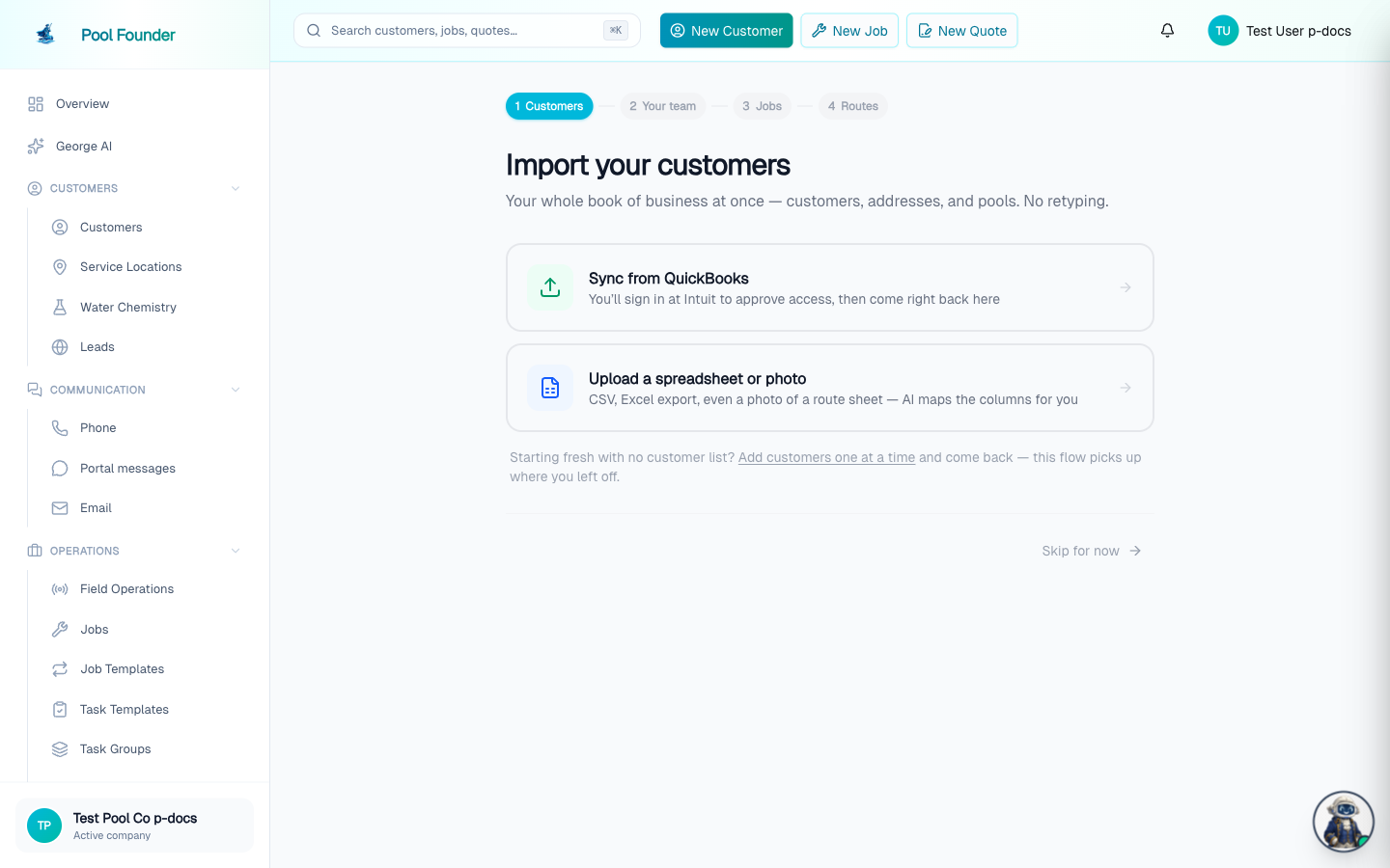 The guided customers step of setup, with QuickBooks sync and spreadsheet/photo upload options for importing your customer list