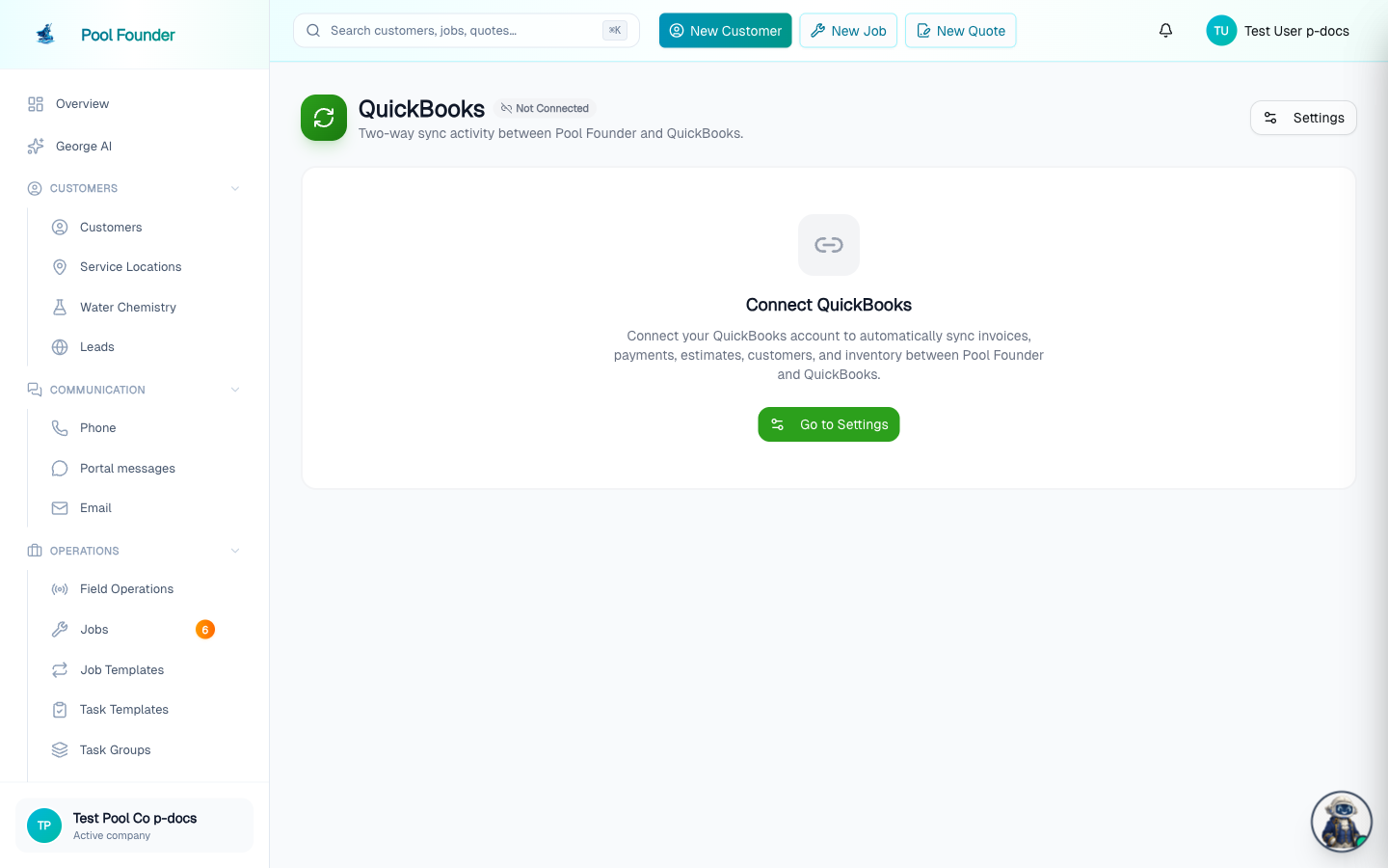 The QuickBooks page showing the connection status and sync settings for a connected QuickBooks Online account