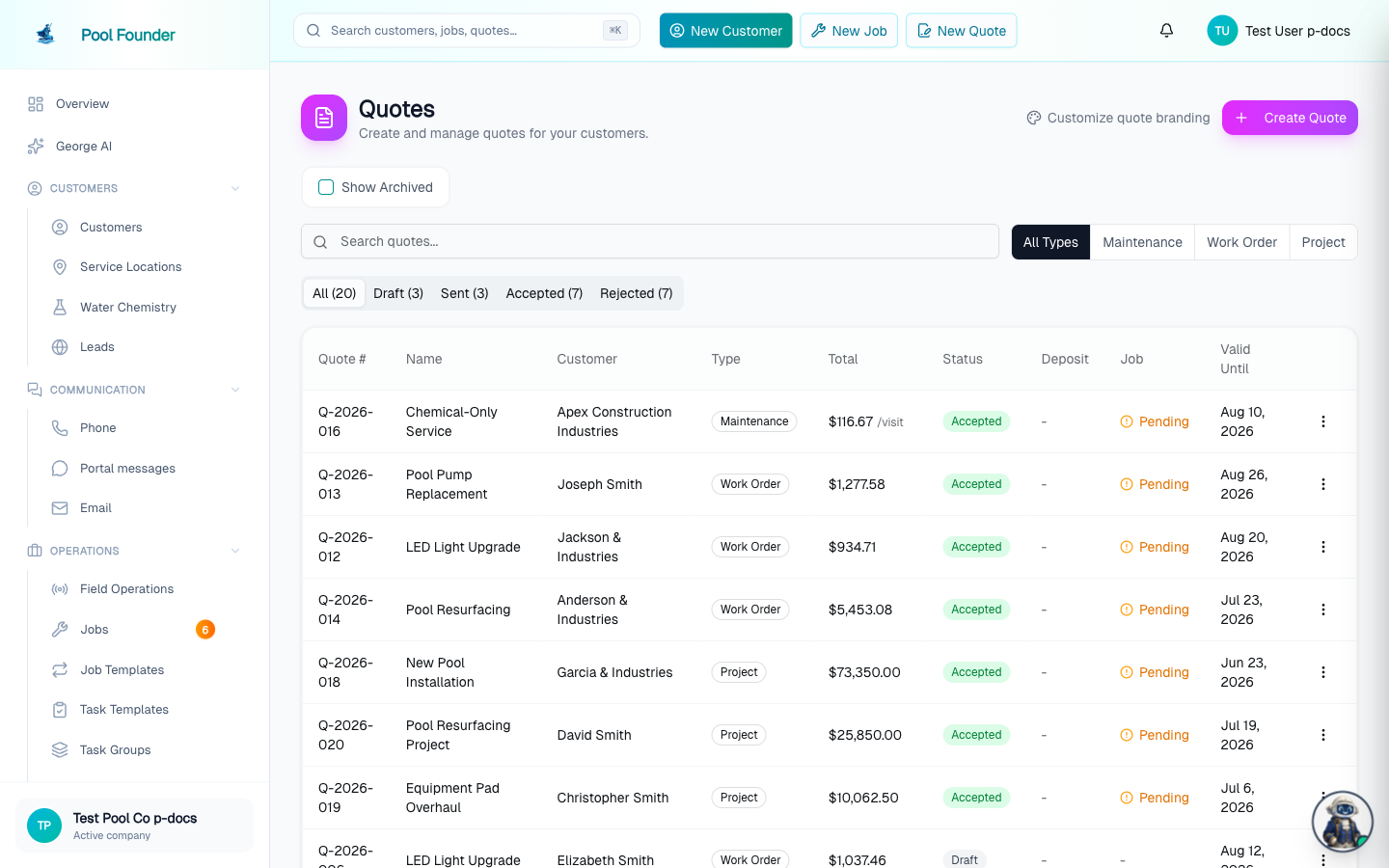 The Quotes page listing quotes by status with a Create Quote button