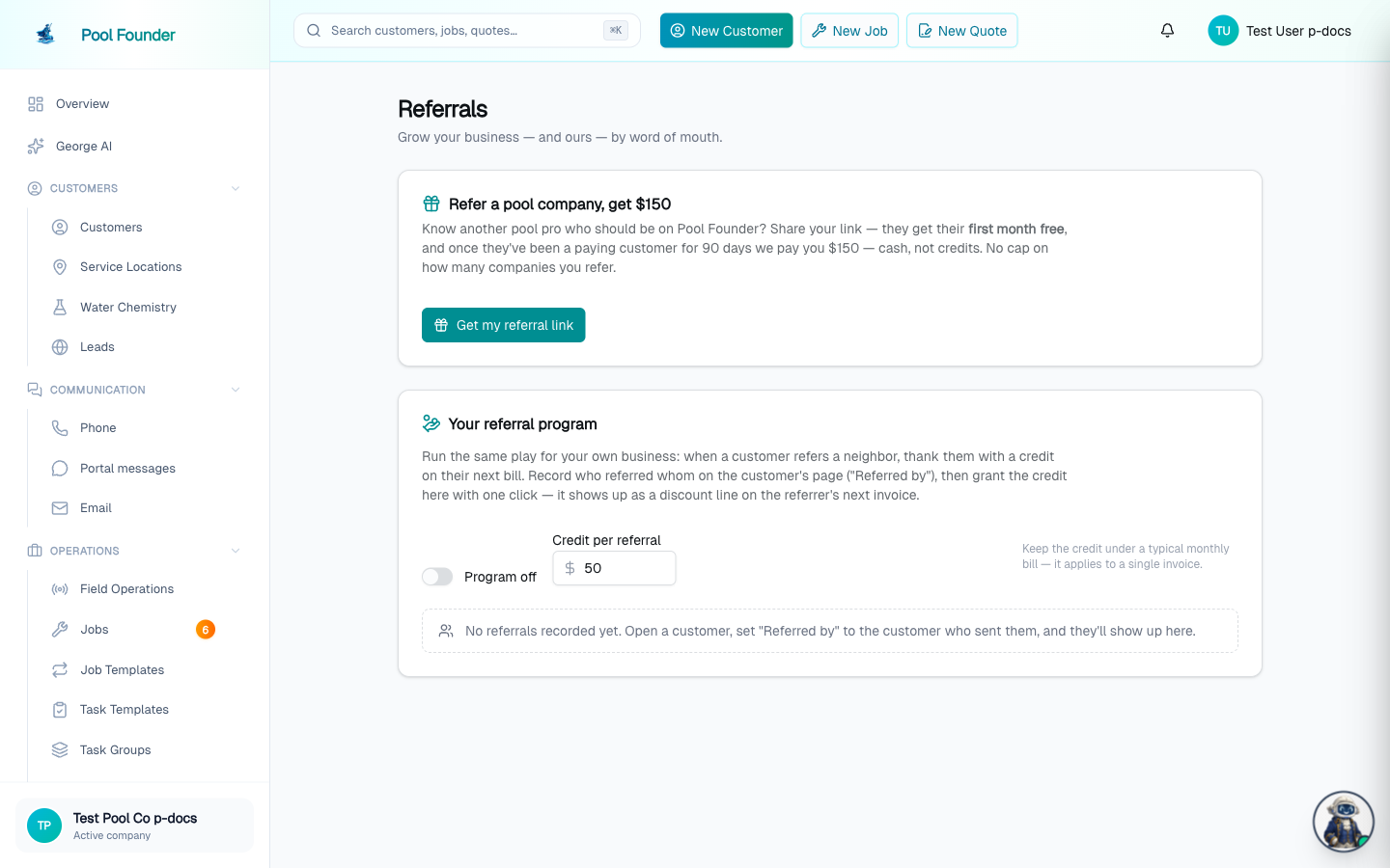 The Referrals page with the Refer & Earn card and the company's own customer referral program settings