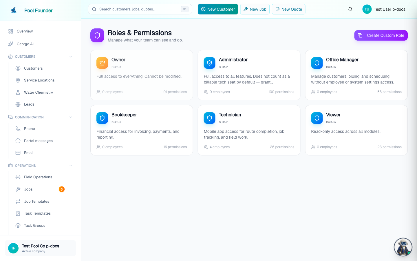 The Roles & Permissions page listing built-in and custom roles with their granular permissions