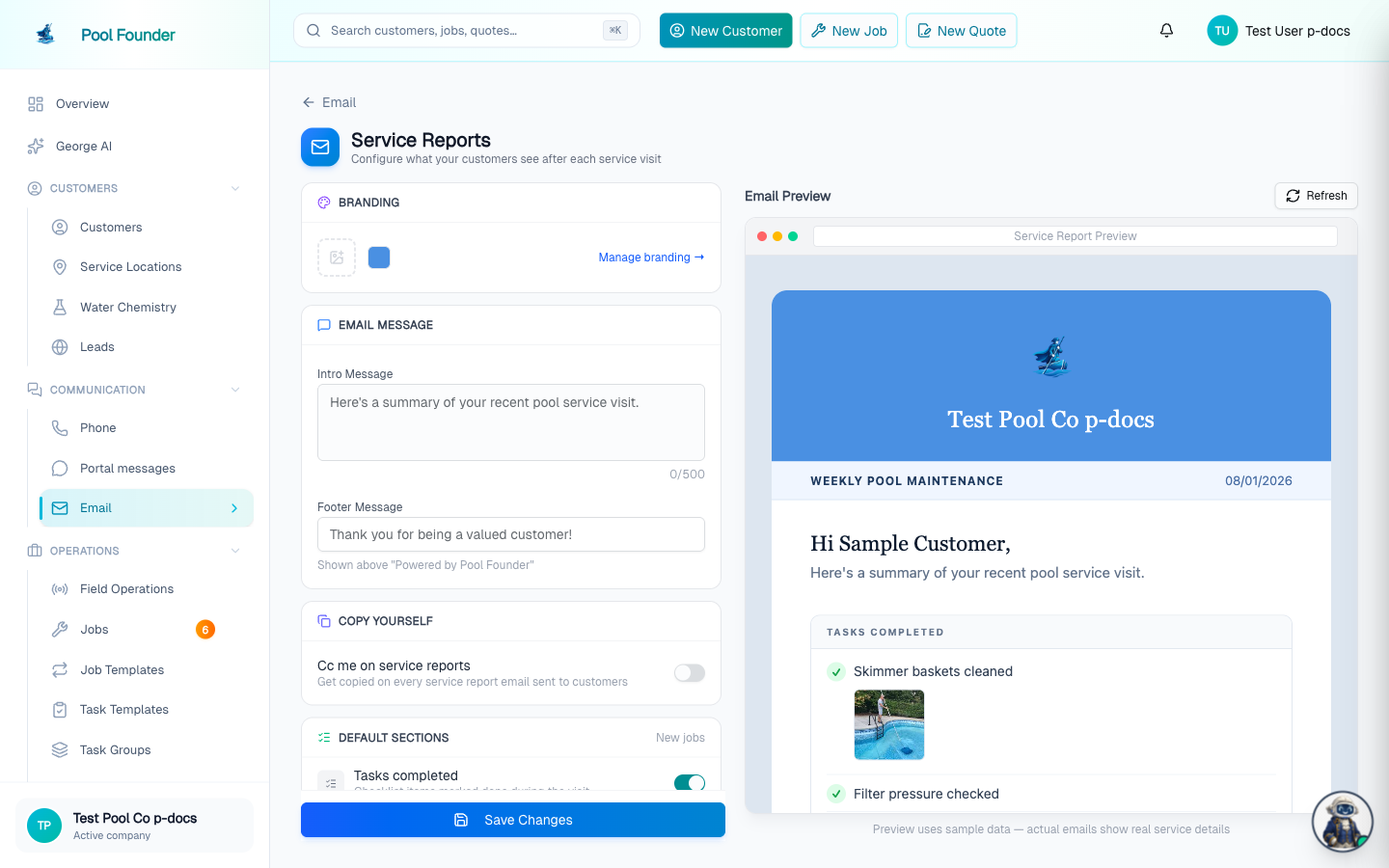The Service Reports settings page with per-section toggles and a live preview of the report email