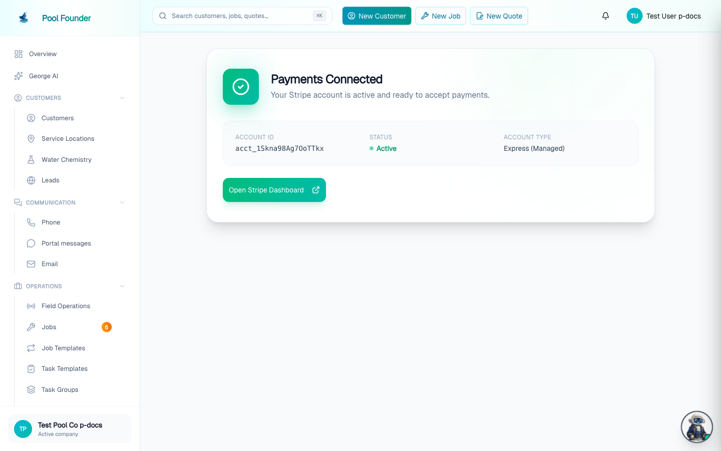 The Billing page with a connected Stripe account, showing payout and payment status