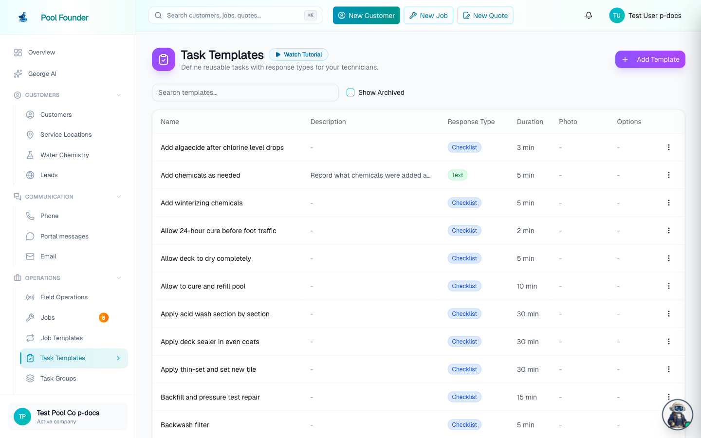 The Task Templates page listing reusable checklist items with their task types and repeat frequency
