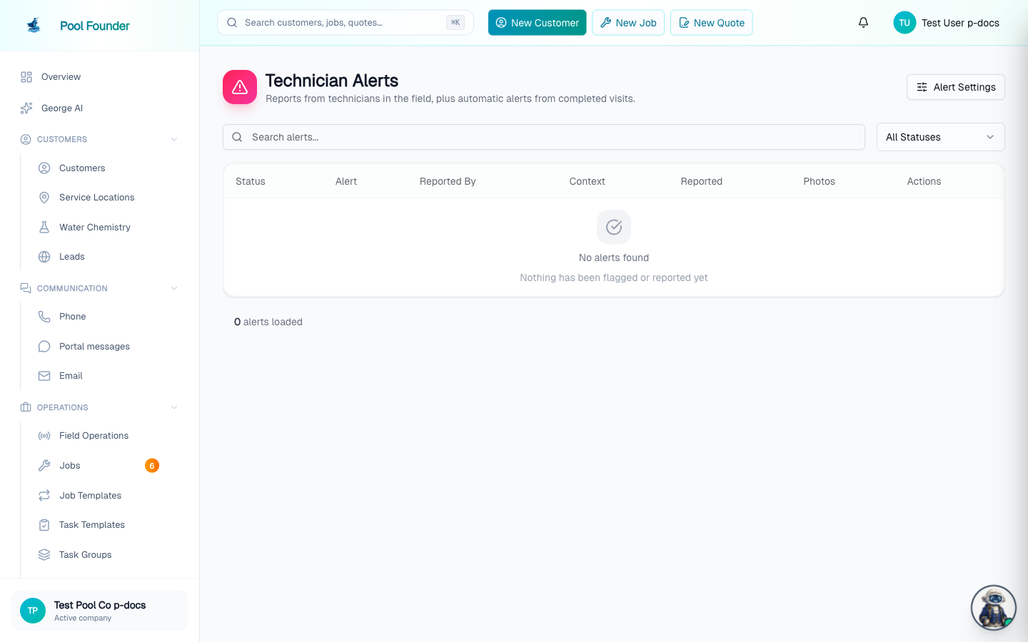 The Technician Alerts page with its queue of field reports and auto-detected alerts, filterable by status