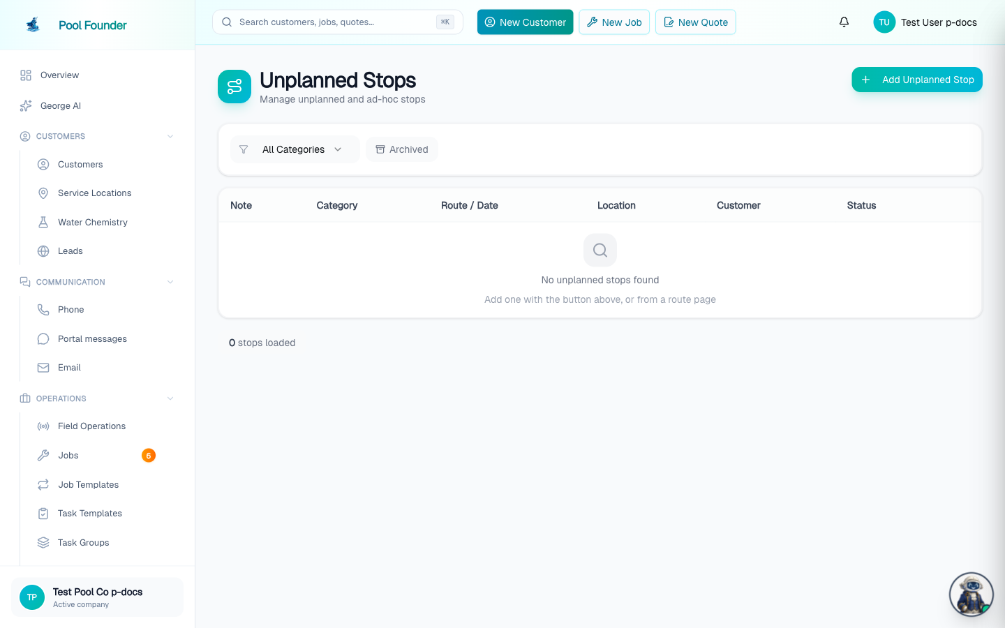 The Unplanned Stops page listing stops with their status and route/date, with an Add Unplanned Stop button