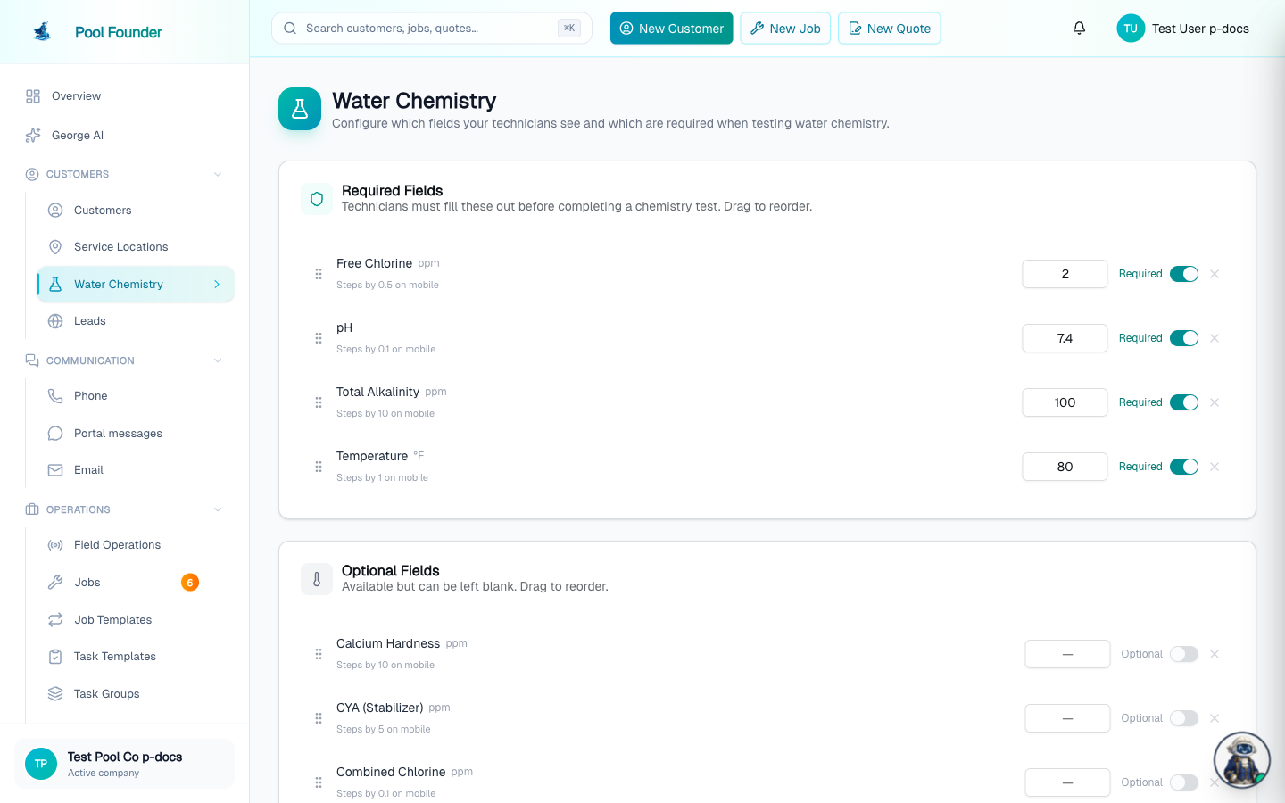 The Water Chemistry settings page with Required Fields and Optional Fields cards, each row showing a toggle and default value