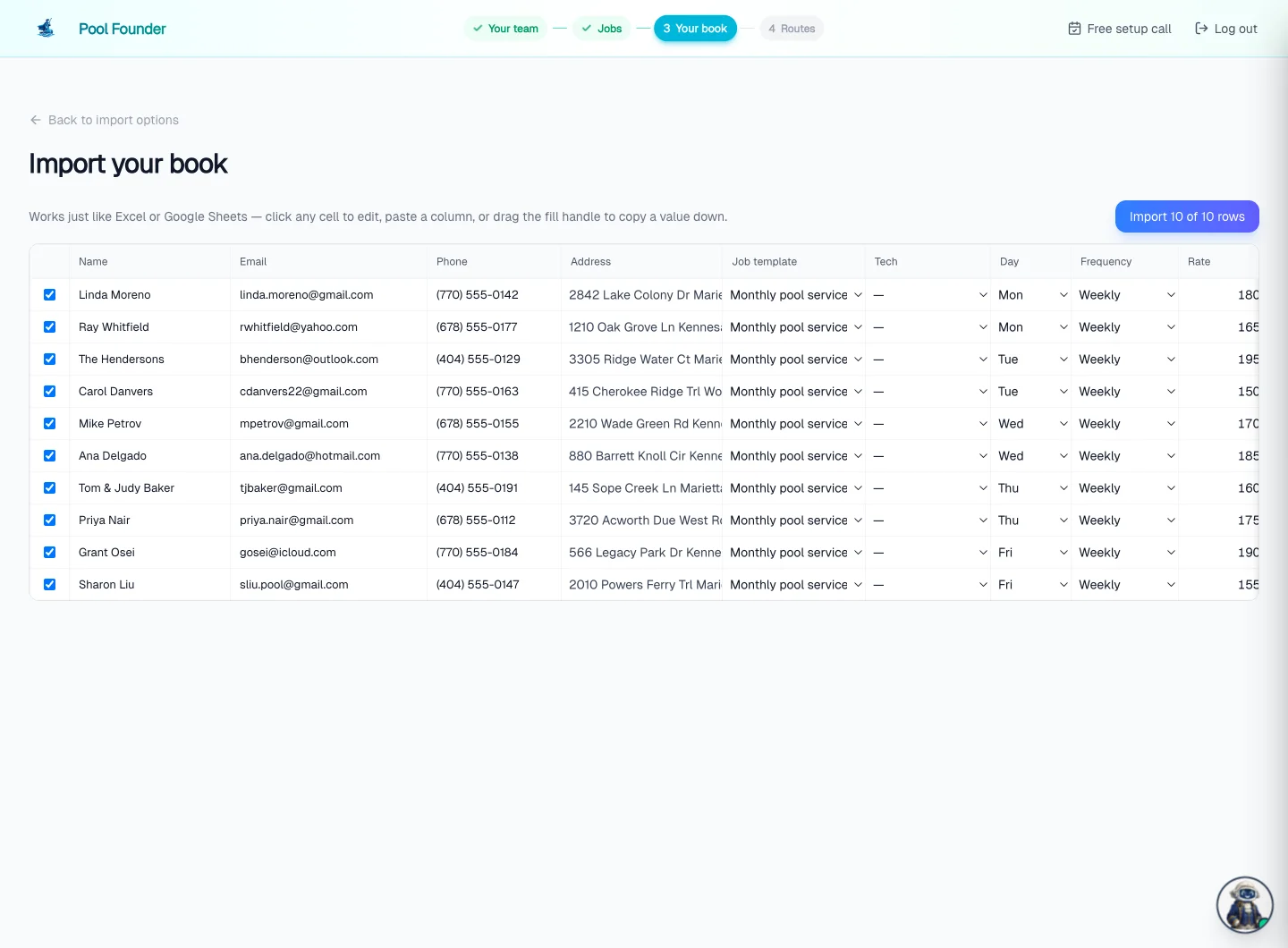 Pool Founder import grid that works like a spreadsheet