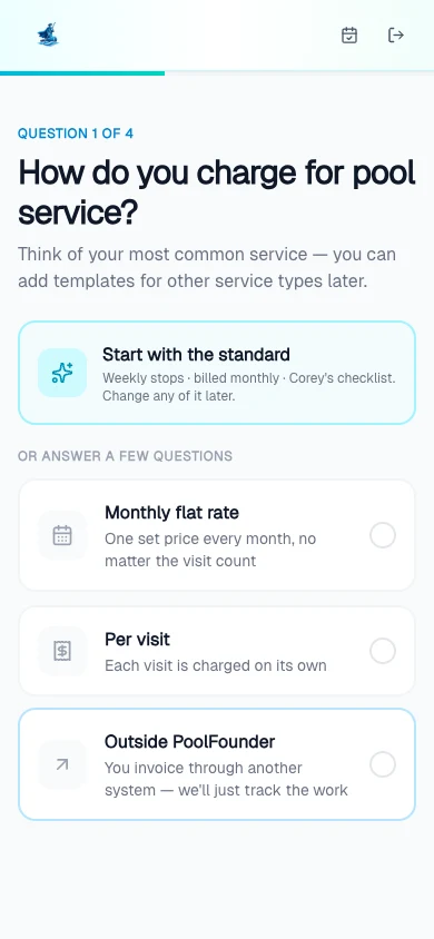 Pool Founder setup asking how you charge for pool service