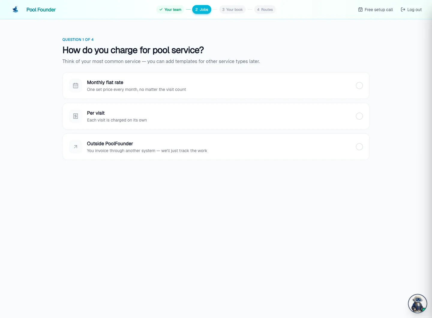 Pool Founder setup asking how you charge for pool service