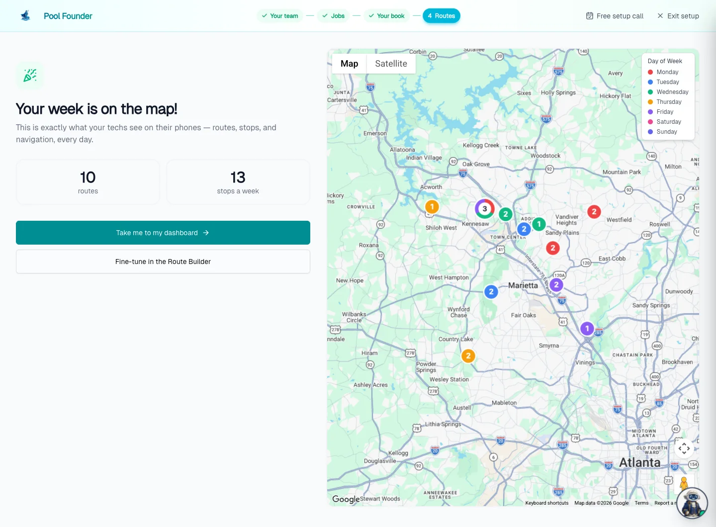 Pool Founder setup finale — the week of routes on a map