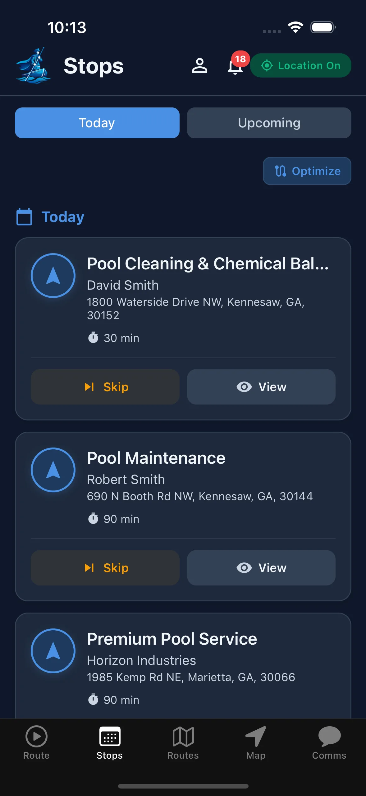 Technician app showing today's stops