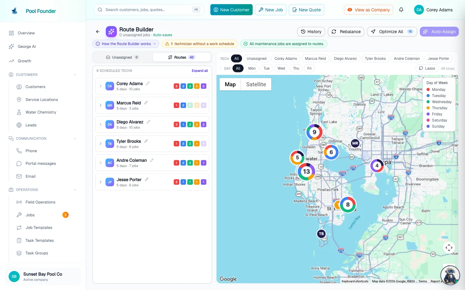 Route builder with clustered stops on a map